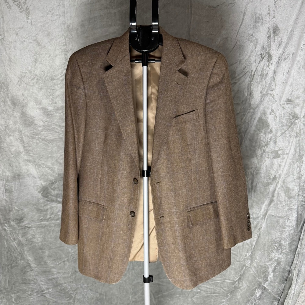 Haspel Men 44l Brown Windowpane‎ Check Two Button Sport Coat Blazer Classic Fit